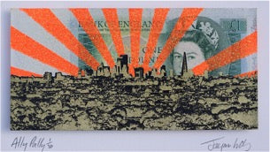 'Ally Pally' hand pulled screen print with platinum ink, printed on 1980s one pound note by Jayson Lilley