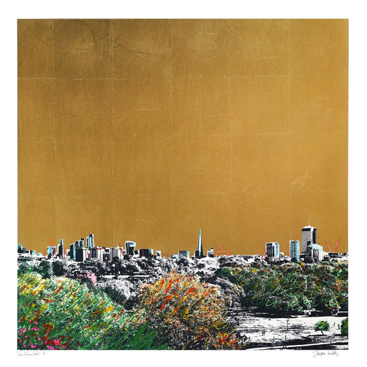 'From Primrose Hill II' hand pulled screen print with gold leaf, finished with acrylic paint pen and ink. Printed on archival museum Board by Jayson Lilley