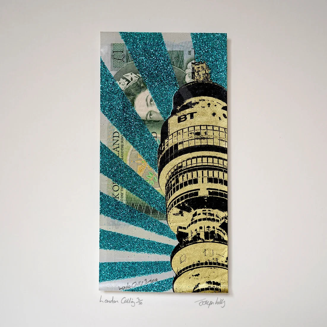 'London Calling' screen Print on One pound note with turquoise glitter and gold ink by Jayson Lilley
