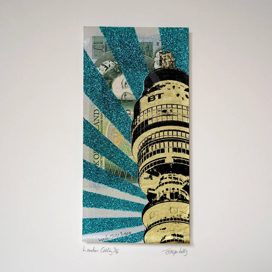 'London Calling' screen Print on One pound note with turquoise glitter and gold ink by Jayson Lilley