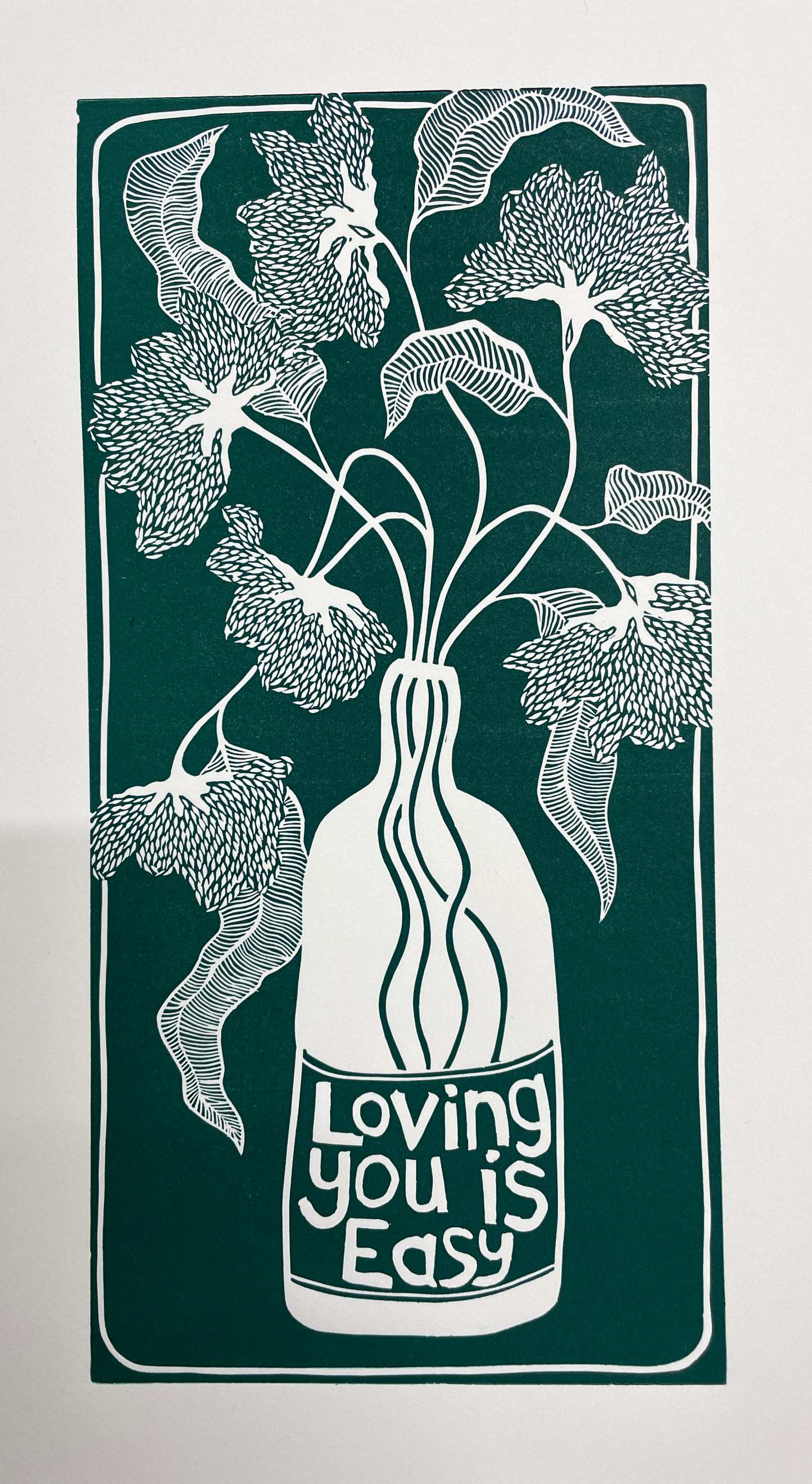 Sweet Pea Green and White Linocut Print by Grace Gillespie